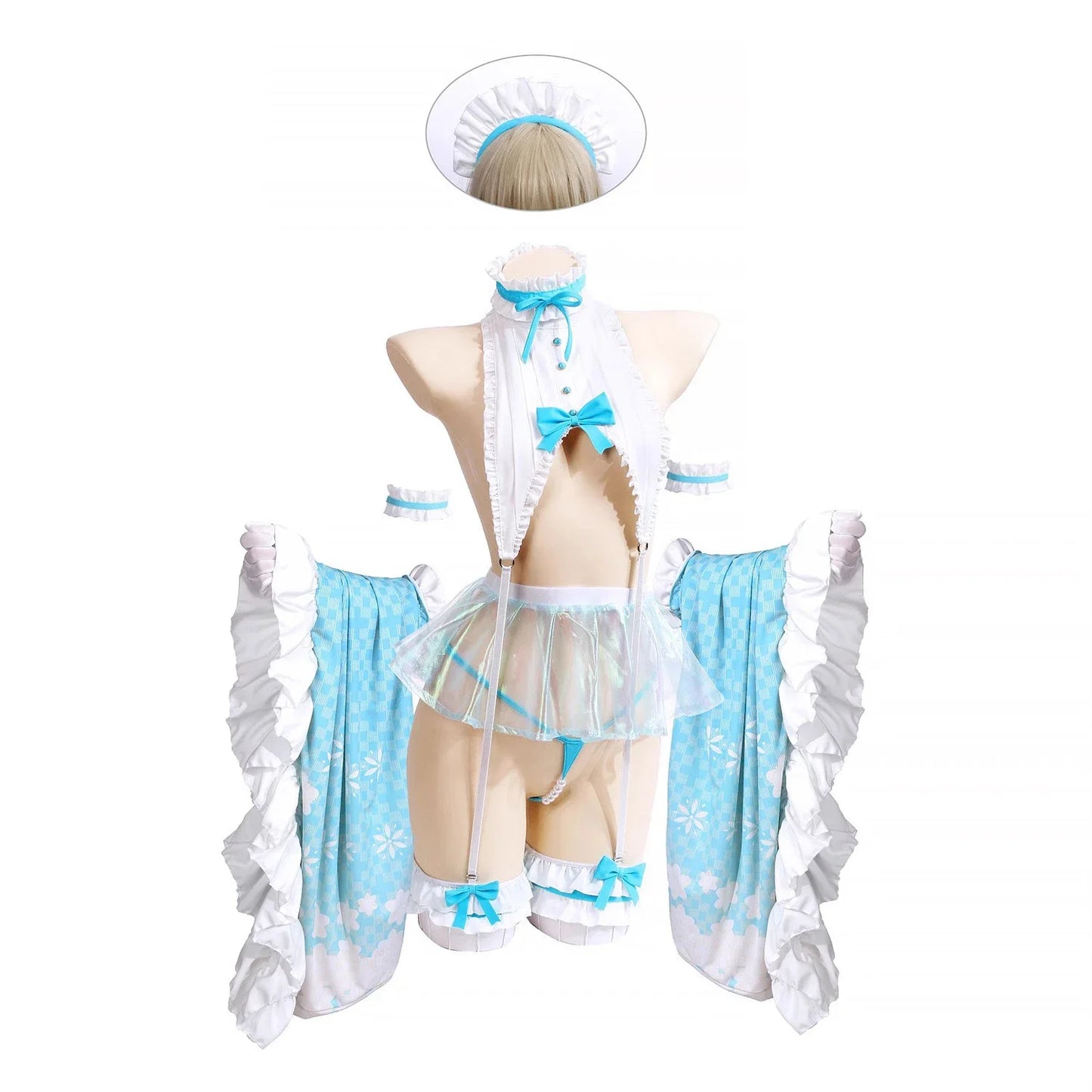 Dishwasher Itinose Asena Cosplay Costumes Itinose Asena Sweet Maid Dress Blue Bikini Anime Cosplay Transparent Skirt Kimono