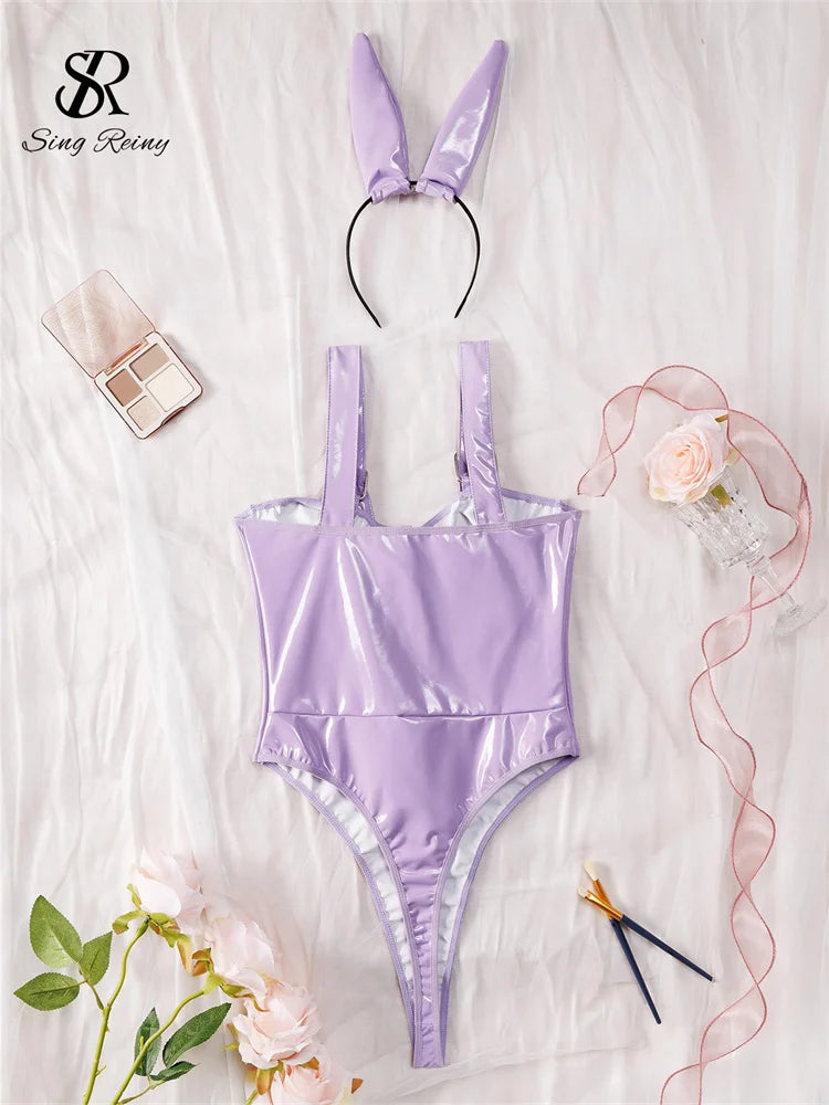 SINGREINY Leather Erotic Cosplay Underwear Bodysuits Rabbit Girl Sleeveless Playsuit Fashion Lace Up Slim Women Lingerie Rompers