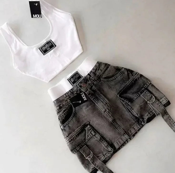 Y2K retro popular sweet sexy camisole mini denim skirt tank top two piece set harajuku low waist splicing hot girl skirt sets