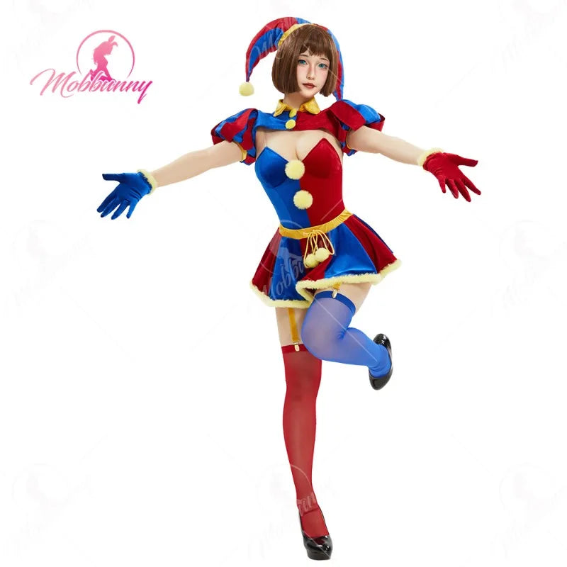 MOBBUNNY Halloween Clown Cosplay Costume Women's Lingerie Set Blue Red Bodysuit and Mini Skirt with Gloves and Hat clown