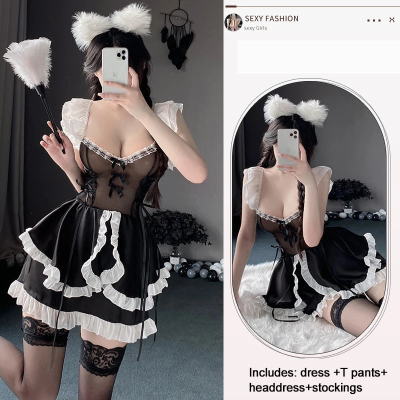 Maid Dress Cosplay Costumes Women Sexy Lingerie Perspective Erotic Underwear Sweet Uniform Skirt Maid Lace Outfit Porno Suit