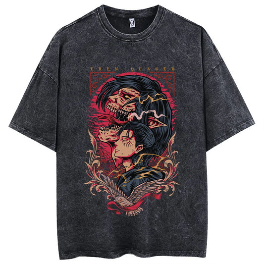 Anime Attack On Titan T-Shirt Hip Hop Oversized Streetwear Vintage Printed Washed Short Sleeve T Shirt Summer Male Tops