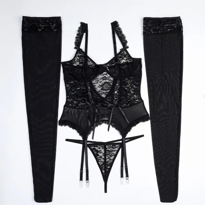 Toucheart Sexy Lace Lingerie Bodysuit Suit for Women Mesh Patchwork Lace Hollow Out See-through Garters Stocking  Underwear Set