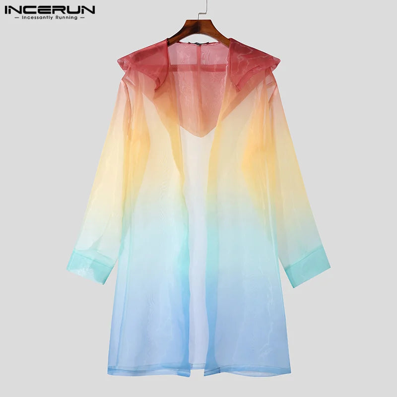 2024 Men Trench Tie Dye Gradient Hooded Long Sleeve Transparent Open Stitch Casual Coats Streetwear Fashion Male Cardigan INCERU