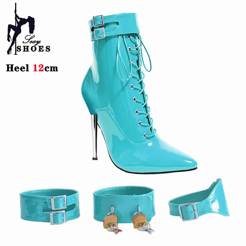 New High Heel 12cm Stilleto Sexy Ankle Boots Pointed Toe Two Lockable Padlocks Women Shoes T Show Thin High Heels Plus Size