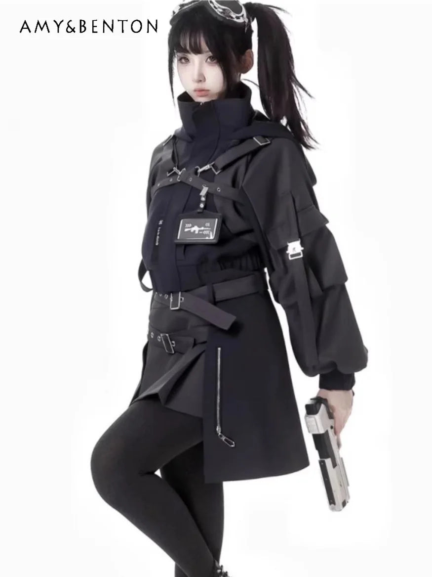 Gothic Splicing Mechanical Style Sets Sweet Cool Hooded Oversized Zipper Jacket Elastic Waist Casual Trousers Subculture Outfits