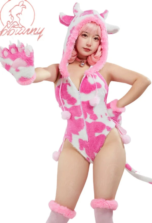 Mobbunny Women Christmas Lingerie Plush Bodysuit Cow Print Paw Cosplay Costume Hooded  Romper with Paw Gloves and Thigh Socks