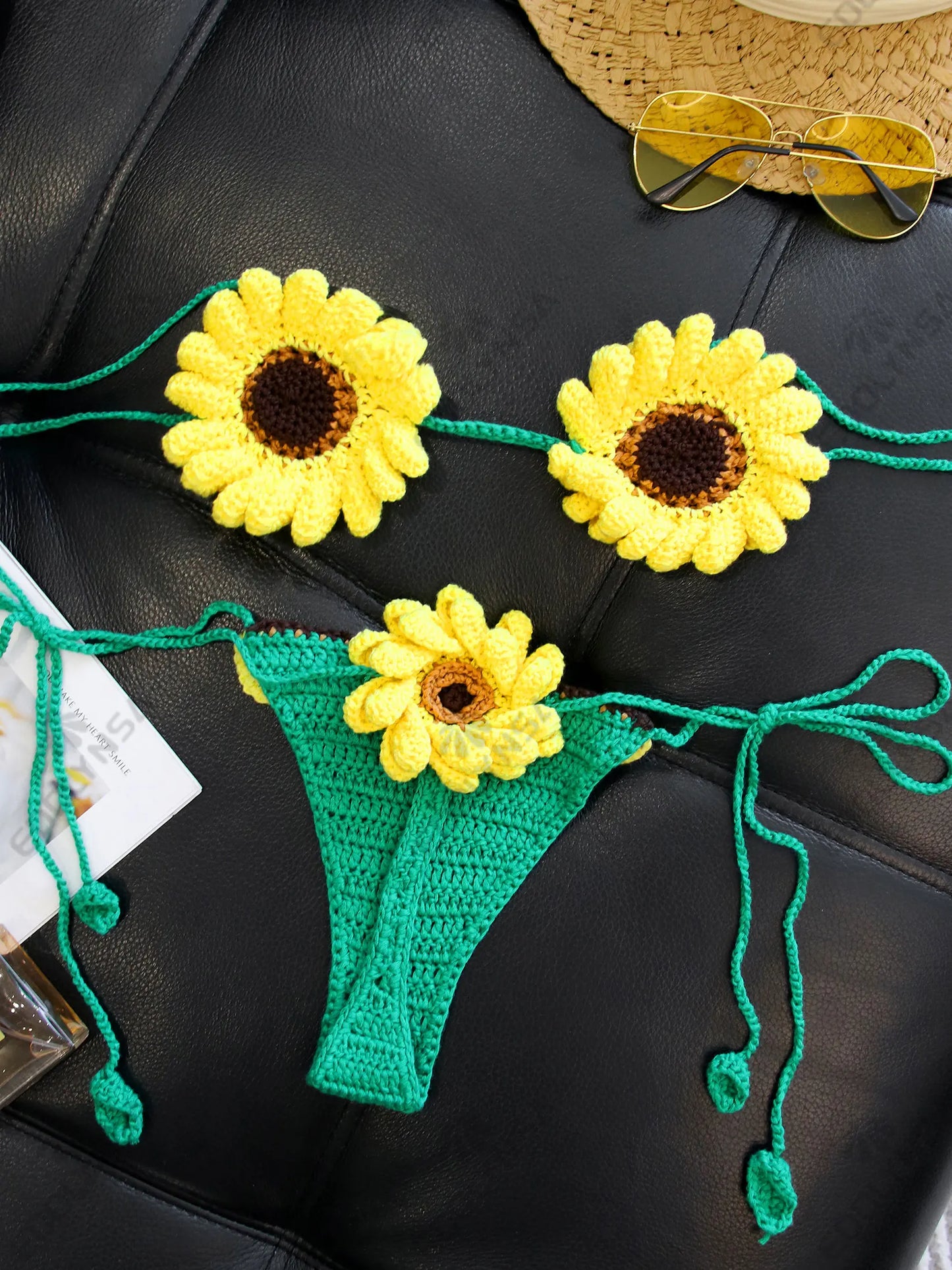 2 Piece Bikini Set 2025 Summer Yellow Sunflower Crochet Swimsuit Suit Set Beach Wear Bikinis Cover-up Women Bathing Suits C2