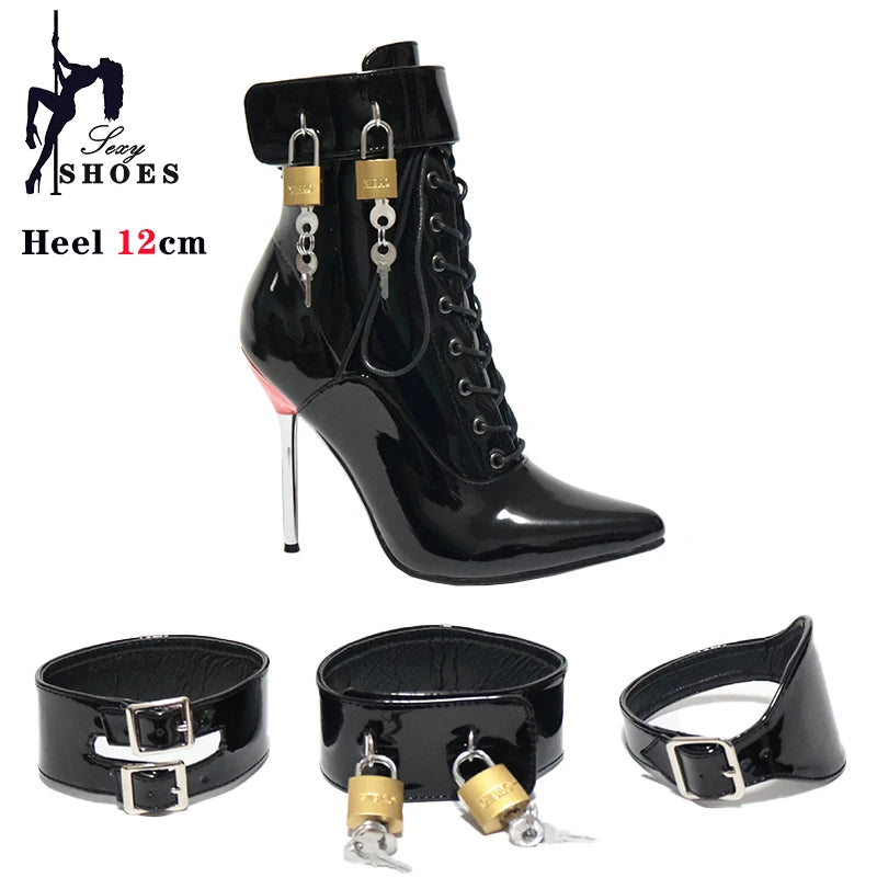 New High Heel 12cm Stilleto Sexy Ankle Boots Pointed Toe Two Lockable Padlocks Women Shoes T Show Thin High Heels Plus Size