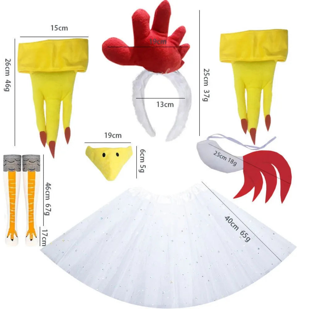 Chicken Costume Set Chicken Headband Tail Nose Gloves Tutu Skirt Socks for Women Halloween Rooster Dress up Thanksgiving Outfit