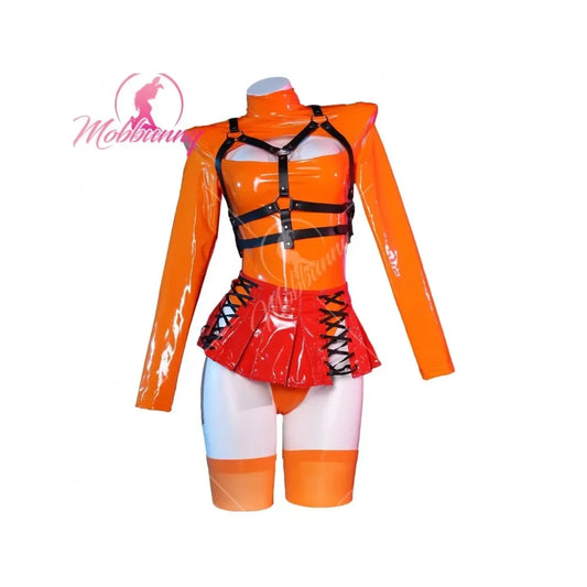 Women Velma Cosplay Costume Women Lingerie Orange Chest Open Bodysuit and Lace-up Mini Skirt with Socks