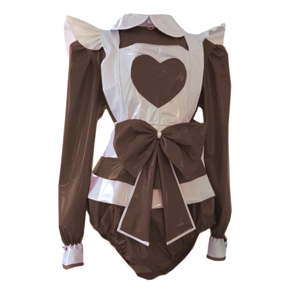 Long Sleeve heart Rompers Maid style with Big Bow Apron Spandex PVC Leather Cosplay Suits