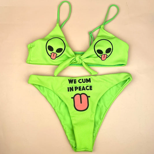 Funny Bikini Women Alien Peace Print Bra Triangle Bottoms Swimsuit Split Bathing Suit Underwear Sexy Bikinis Swimwear