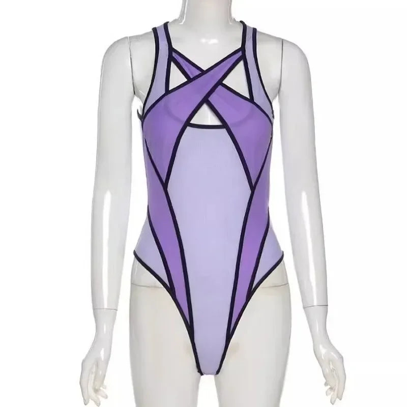 Toucheart 2-Piece Interesting Underwear Sexy Women's Mesh See-through Contrast Color Halterneck Jumpsuit Sexy Underwear Suit New