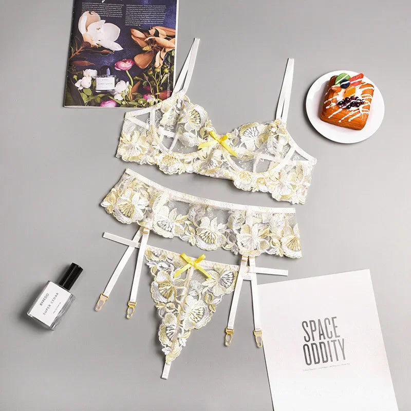 Ashburn 3 Piece Set Sexy Lingerie Embroidery Printing Patchwork Bow Knot Lace Up See- Through Underwear Bra Set For Women New
