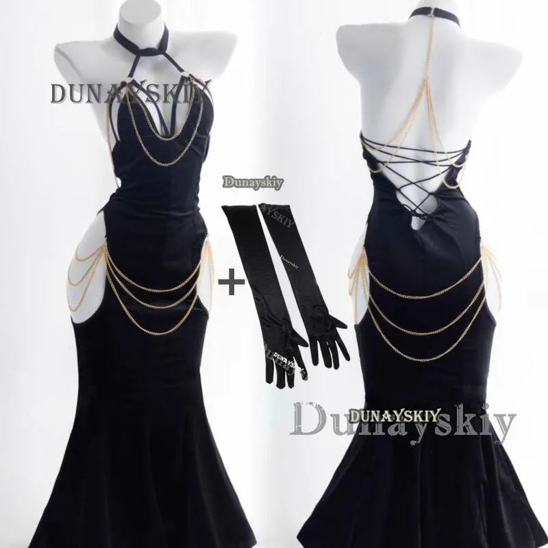Anime Overlord Albedo Cosplay Costumes Glove Dress Wrapped Hip Open Crotch Fish Tail Skirt Black Mermaid Halloween Lute