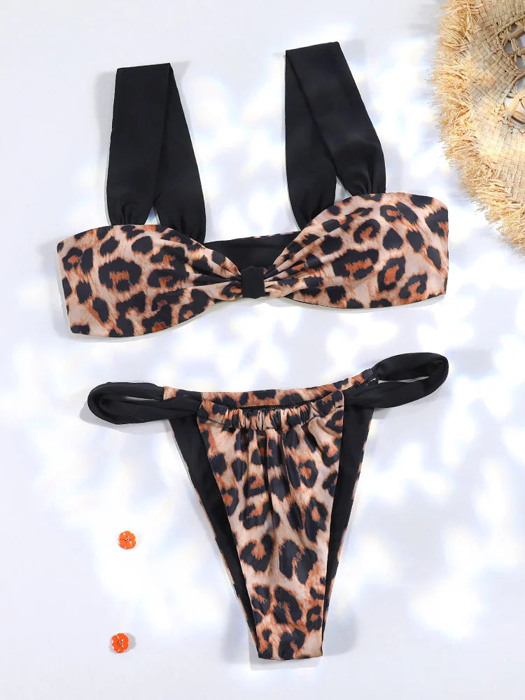 Miyouj 2025 Bikinis Leopard Swimsuit Bandage Bath Wear Sexy Piece Suits Low Waist Swimwear Triangle Bathsuit Summer Biquini