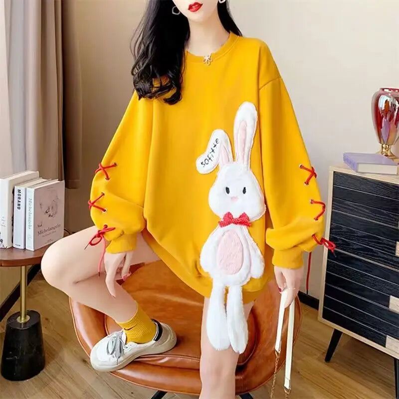 New Rabbit Fleece Hoodies 2025 Oversized Women Casual Sweatshirt Autumn Winter Long Sleeve Fleece Hooded Female Pullovers Tops