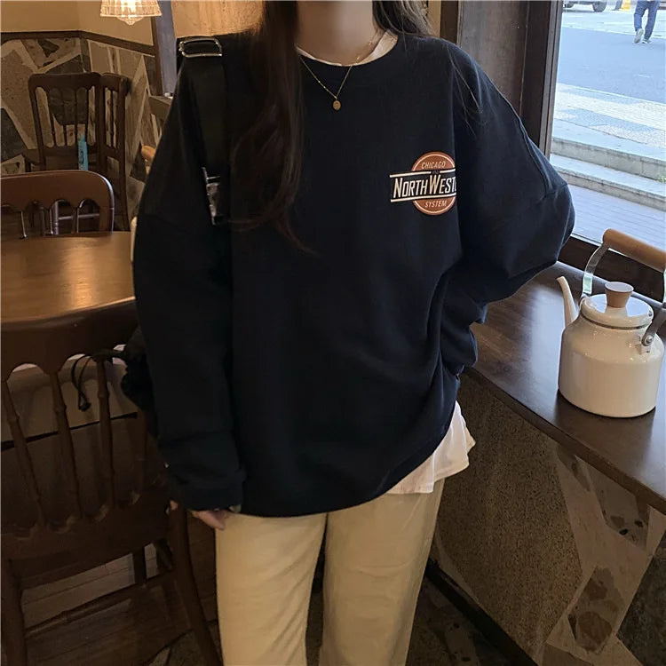 Autumn Thin Pullovers Casual Sweatshirt 2024 Women Loose Round Neck Sweatshirt Vintage Long Sleeve Printed Sweatshirt