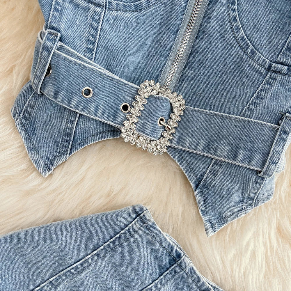 CM.YAYA Women Set Denim Strapless Belt Top +Mini shorts Sets Street Casual Two 2 Piece Set Sexy Party Outfit 2024 Summer