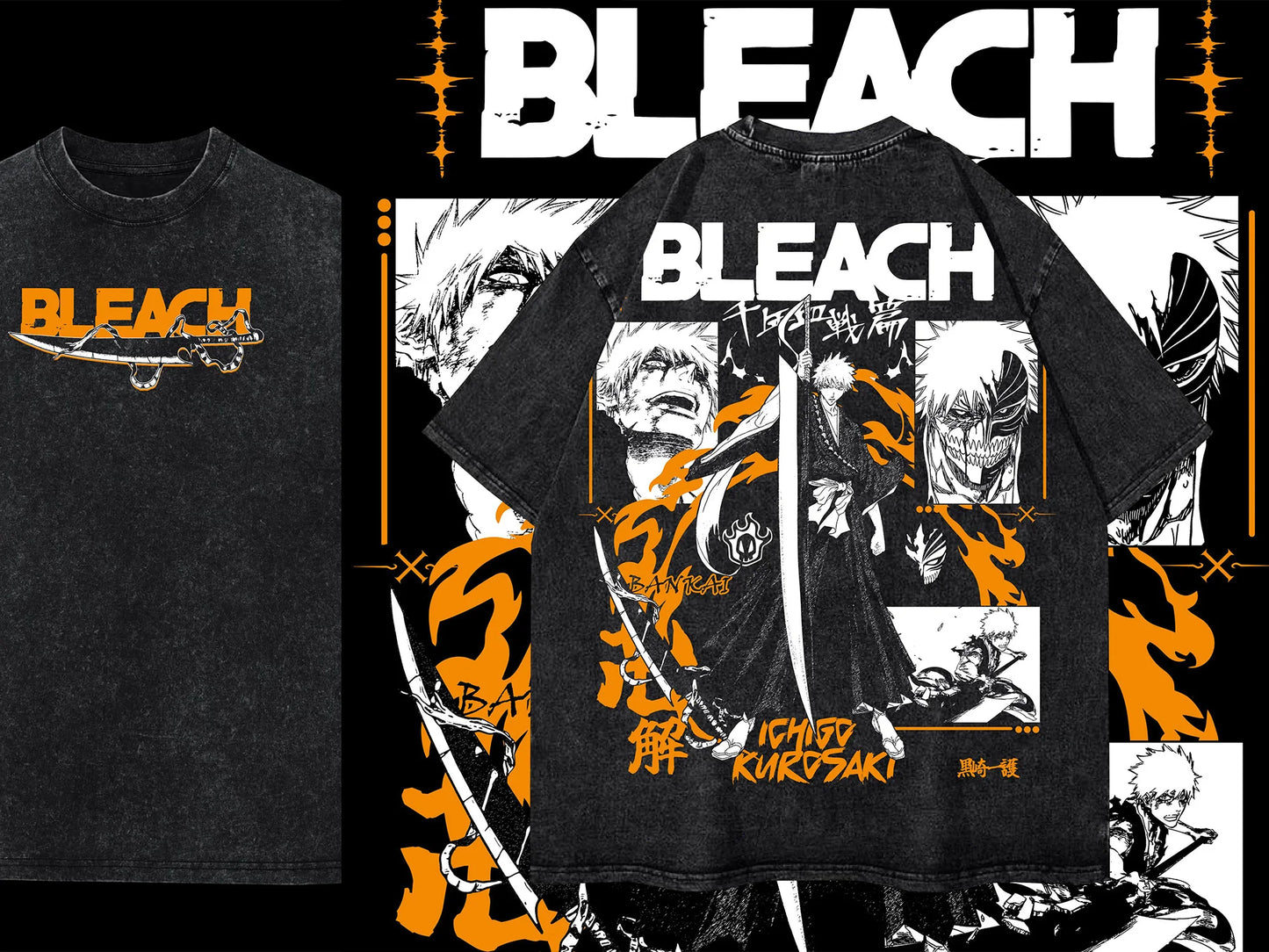 Anime Bleach T-Shirt Oversized Vintage Washed Zaraki Kenpachi T-Shirts Retro Harajuku Ichigo Rukia Tops Tees Man 100% Cotton