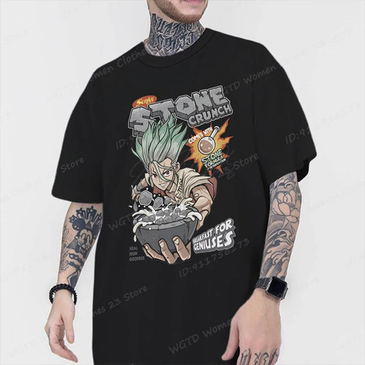 Anime Dr Stone Print T-shirts For Women/Men Summer Round Neck Solid Color Tee Shirts Fashion Casual Popular Oversized Tee Shirts