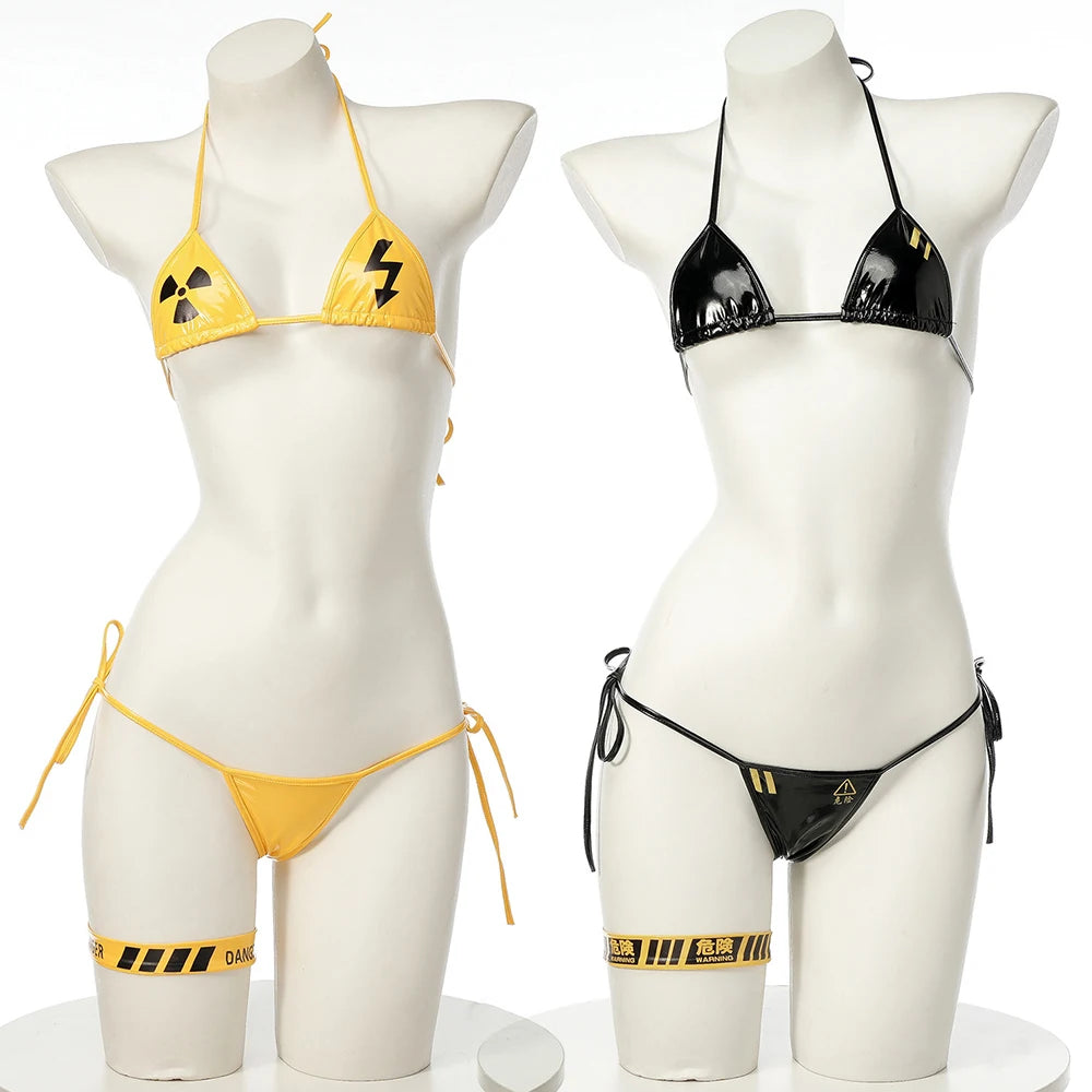 Danger Caution Print Swimsuit Low Waist Bikinis Sets