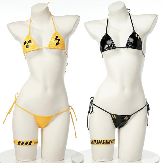 Danger Caution Print Swimsuit Low Waist Bikinis Sets