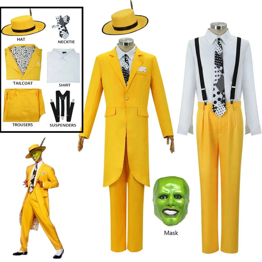 Movie The Mask Cosplay Costume Jim Carry Cosplay Yellow Uniform Carnival Party Suit Hat Green Mask Halloween Carnival Costume