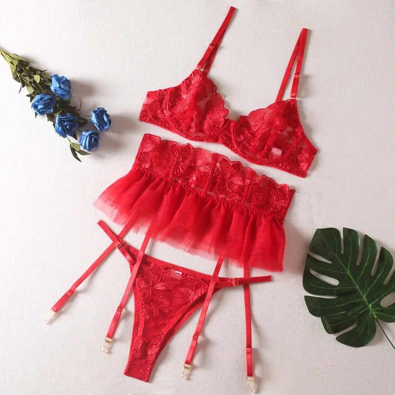 Toucheart 3 Piece Set Lingerie Garter Sets Lingerie For Woman Sexy Mini Skirt See-Through Embroidered Bra Erotic Underwear New