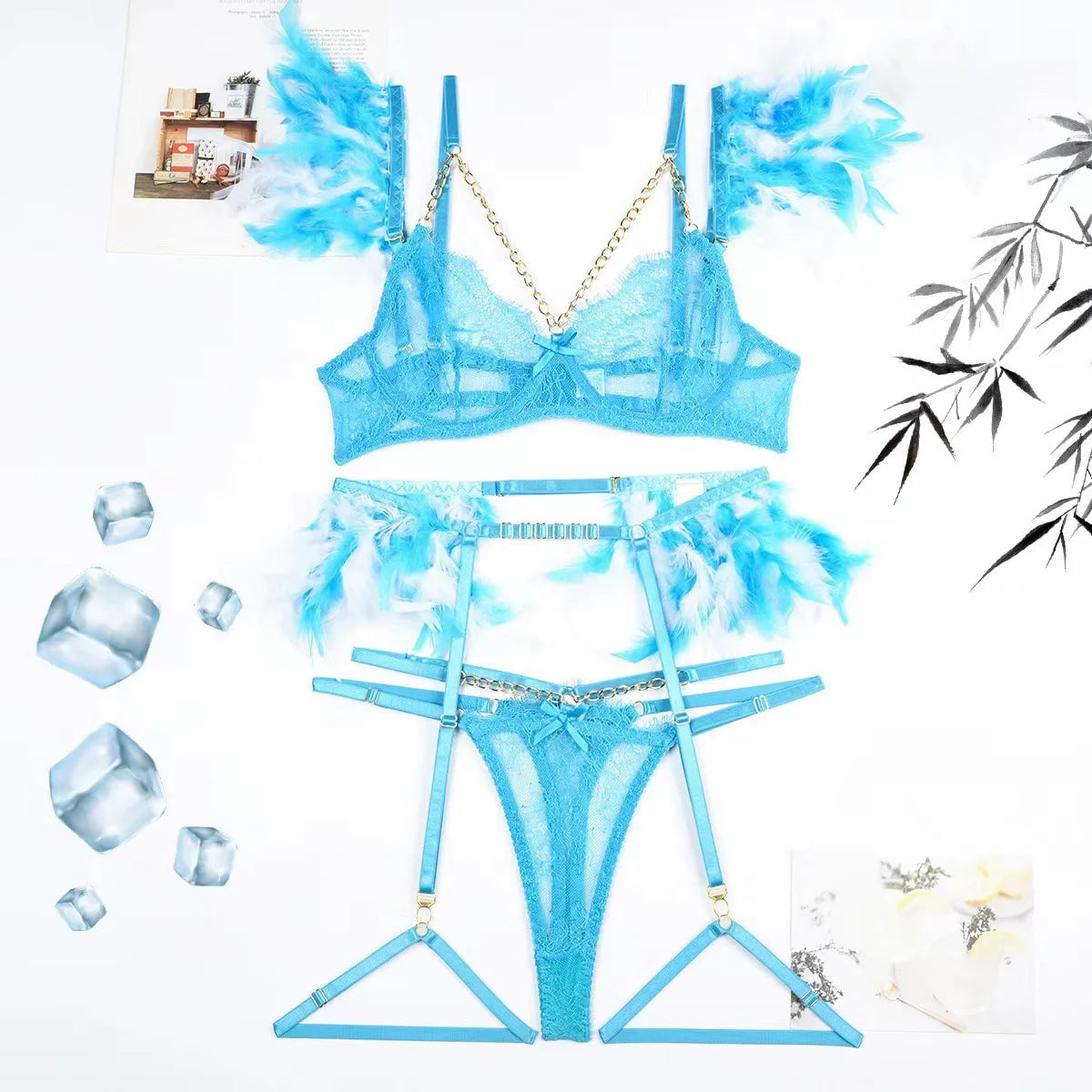 Toucheart 4 Piece Set Fun Lingerie For Women Feather Lace Splicing Chain Sexy Slim Mesh See-Through Sexy Lingerie Garters Suit