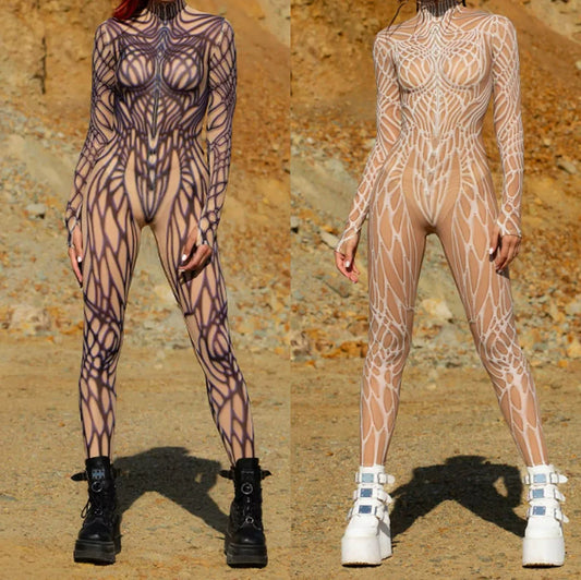Psychedelic Mesh Cosplay Jumpsuit Catsuit Mesh Zentai Suit Rave Unique Suits Burning Man Festival Women Halloween Party Bodysuit