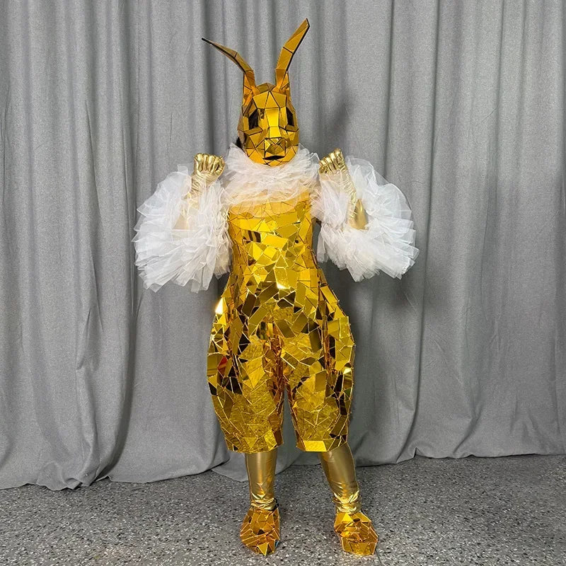 Gold Mirror Cosplay Surface Costume Adult Women Easter Festival Parade Party Outfit Rabbit Mascot Bunny Carnival Jumpsuit Men DJ
