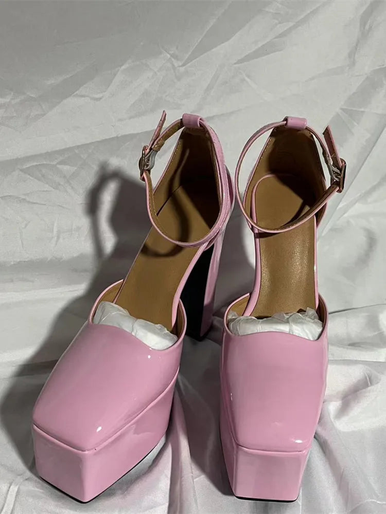 Women's Pumps Shoes New Fashion Spring Summer Shoes Chunky High Heels Platform Black Pink Ankle Strap Dress Party Shoes 43