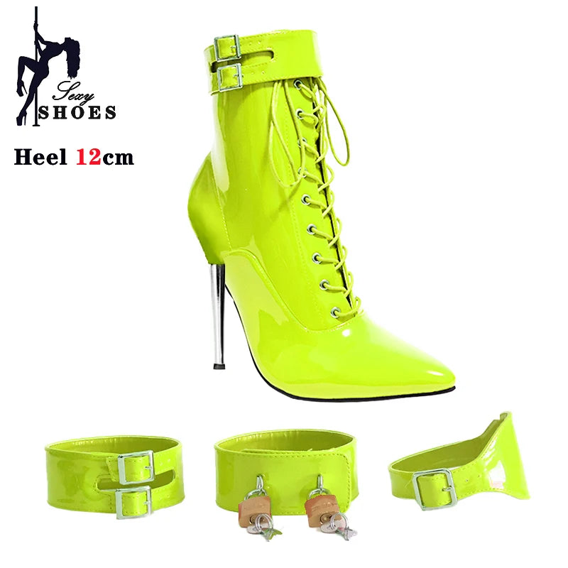New High Heel 12cm Stilleto Sexy Ankle Boots Pointed Toe Two Lockable Padlocks Women Shoes T Show Thin High Heels Plus Size