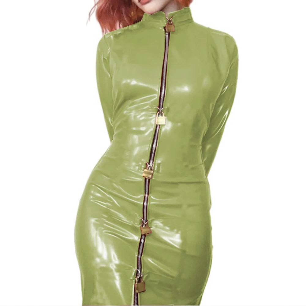 Lockable Sexy Sissy Cosplay PVC Leather Dress Long Sleeve Bodycon Madi Dress Bondage Bag Cover Hobble Dress Women Men Clubwear