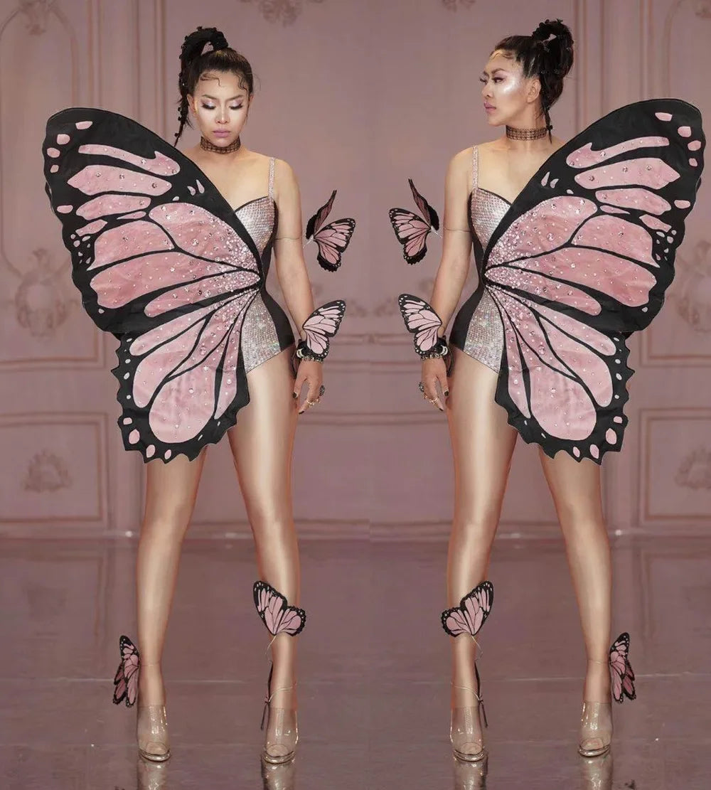 Pink Butterfly Wings Rhinestones Bodysuit Dance Costume Women Party Show Performance Stage Wear Halloween Cosplay Costume
