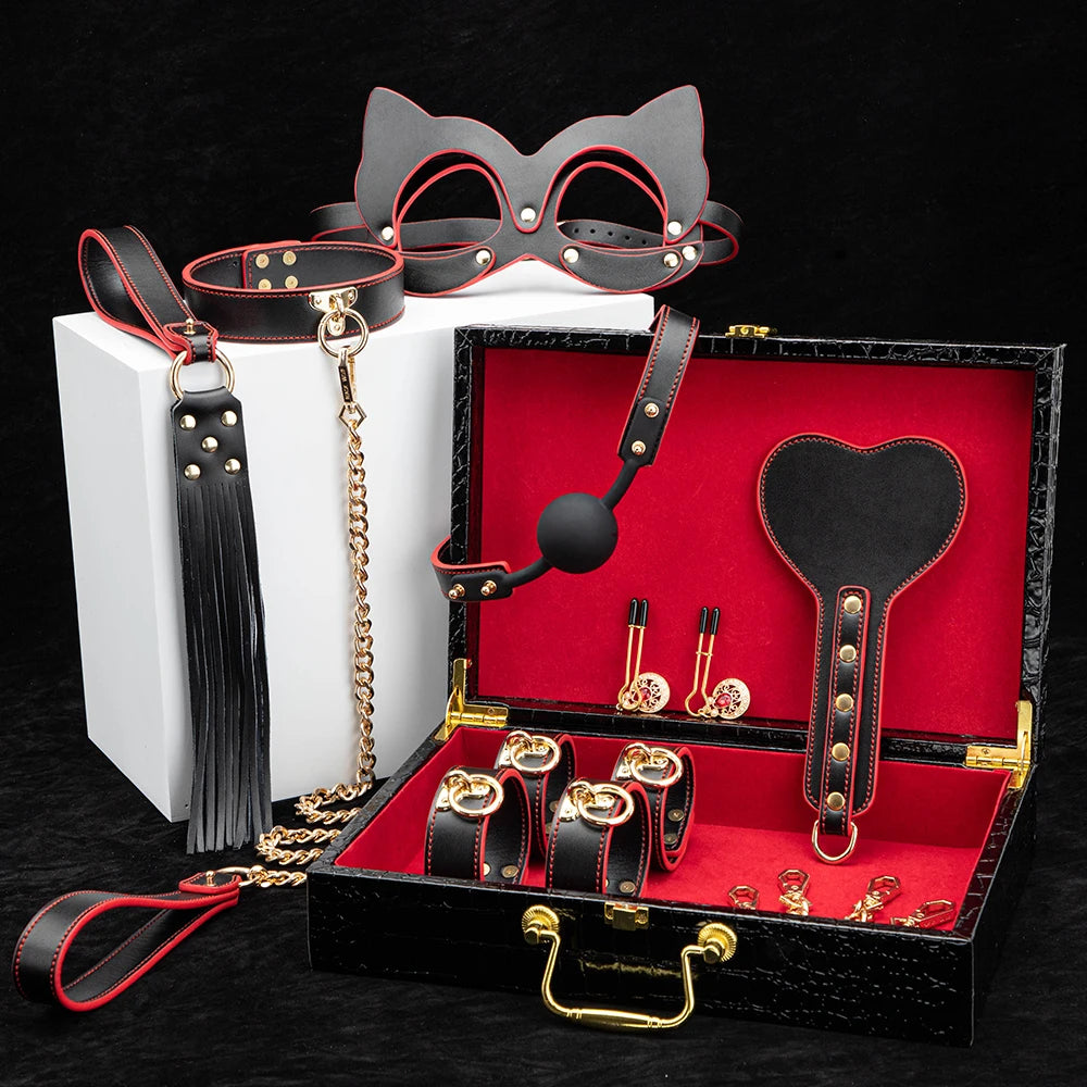 Erotic Bed Bondage Kits Slave Restraint Bondage Set Genuine Leather Collar Gag Whips Handcuffs Adult Sex Toys For Women Couples