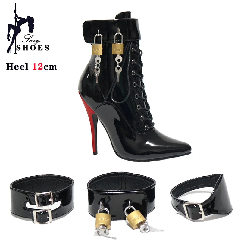 New High Heel 12cm Stilleto Sexy Ankle Boots Pointed Toe Two Lockable Padlocks Women Shoes T Show Thin High Heels Plus Size