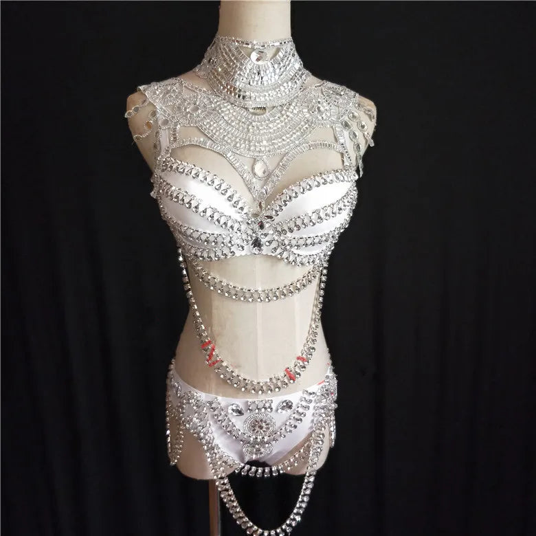 Taylor Swift Show Girl Replica Costume Women's White Gold Rhinestones Bikini Long Trailing Skirt Set Singer Host Stage Outfit Model Catwalk Performance Costume
