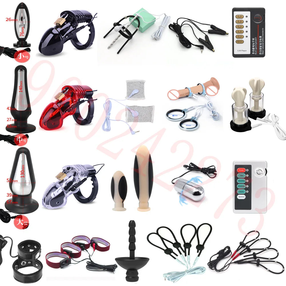ASHBURNS Electro Shock Anal Butt Plug Electric Nipple Sucker Clamps E-stim Penis Plug Ring Cock Cage SM Chastity Couple Sex Medical Toys