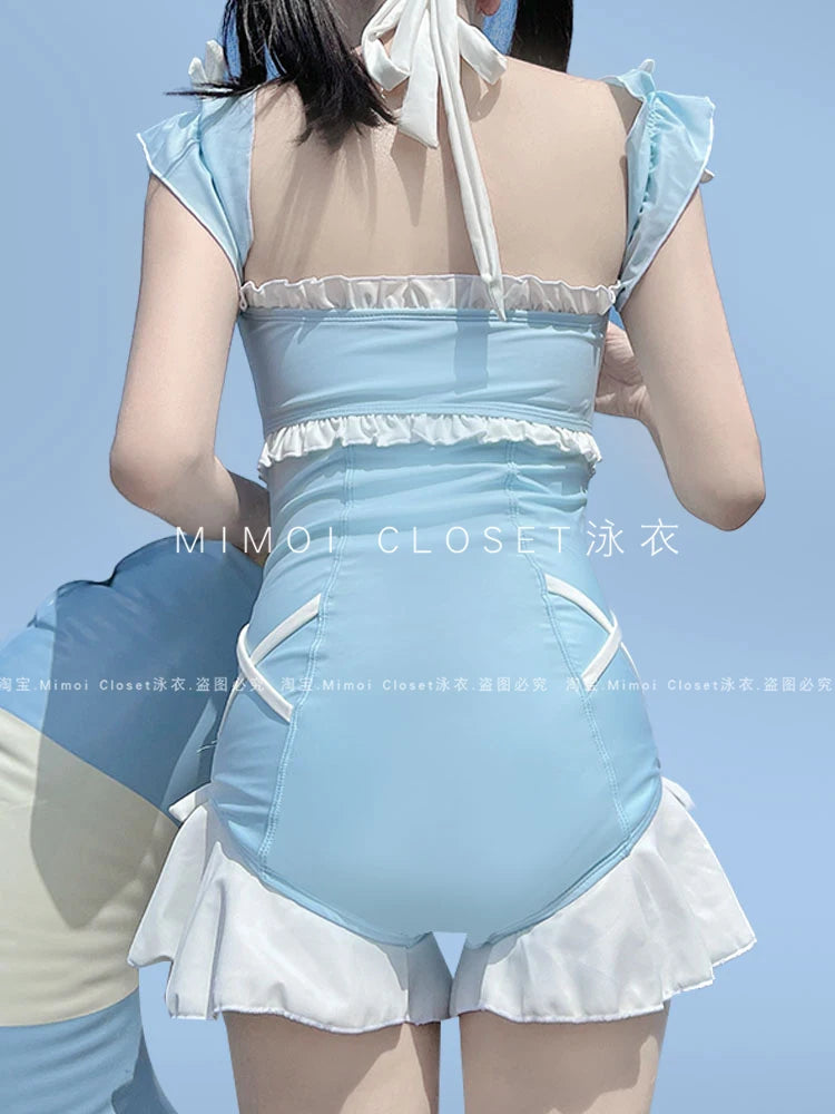 New Lolita Bow Girl Cute Water Blue Swimsuit Hot Spring Bathing Swimwear Japanese Style Women One Peice Swim Suit