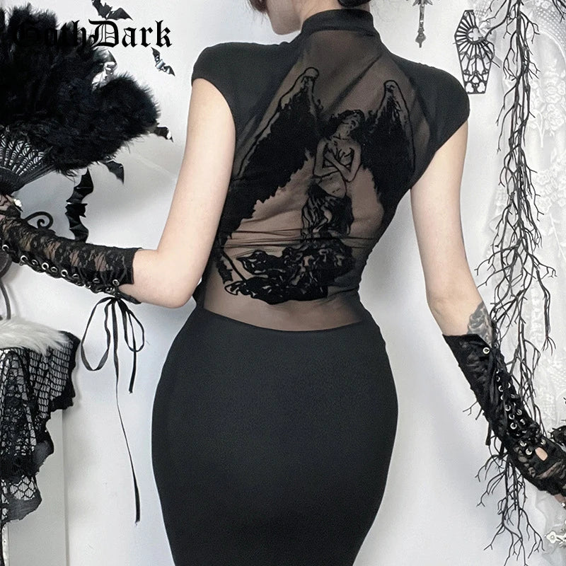 Goth Dark Mesh Patchwork Chic Perspective Backless Long Dress Chinese Style Party Gown Mall Goth Hem Split Slim Bodycon Dresses