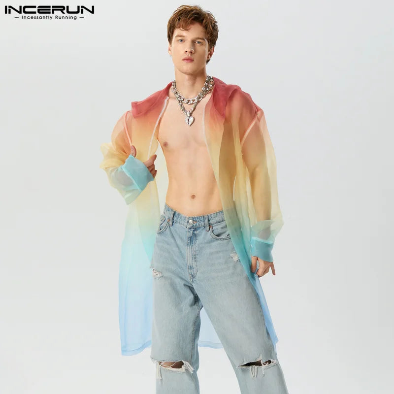 2024 Men Trench Tie Dye Gradient Hooded Long Sleeve Transparent Open Stitch Casual Coats Streetwear Fashion Male Cardigan INCERU