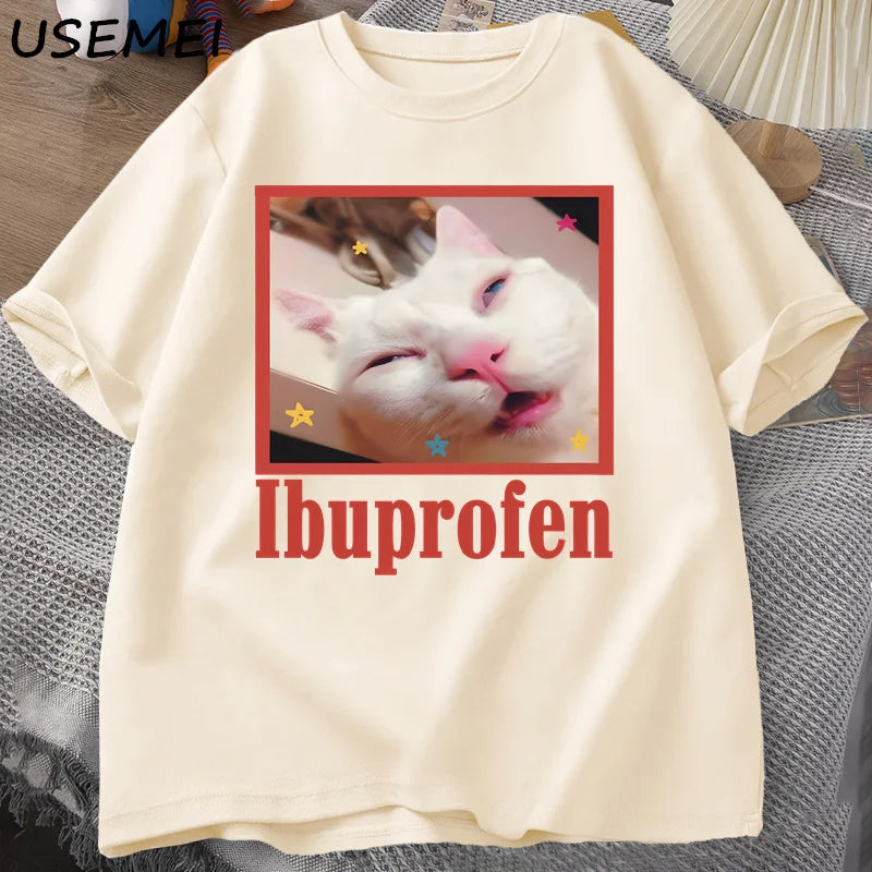 Ibuprofen Cat Meme Tshirt Funny Cat Graphic Tee Cute Cat Lover Cotton T-Shirt Casual Funny T Shirts Unisex Oversized Tshirt Tee