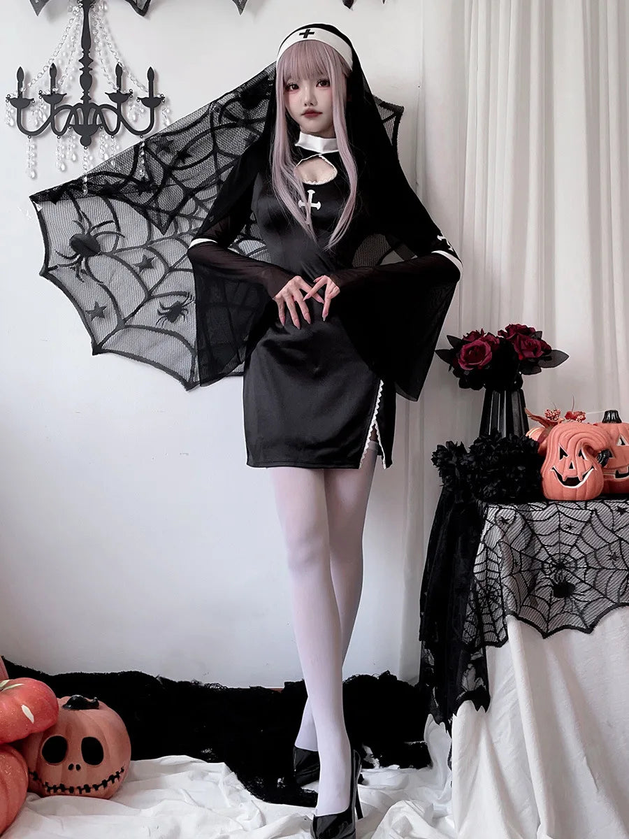 Halloween Sexy Nun Cosplay Costume Vampire Cross Dark Gothic Style Black Nun Dress With Headwear Carnival Roleplay Clothes