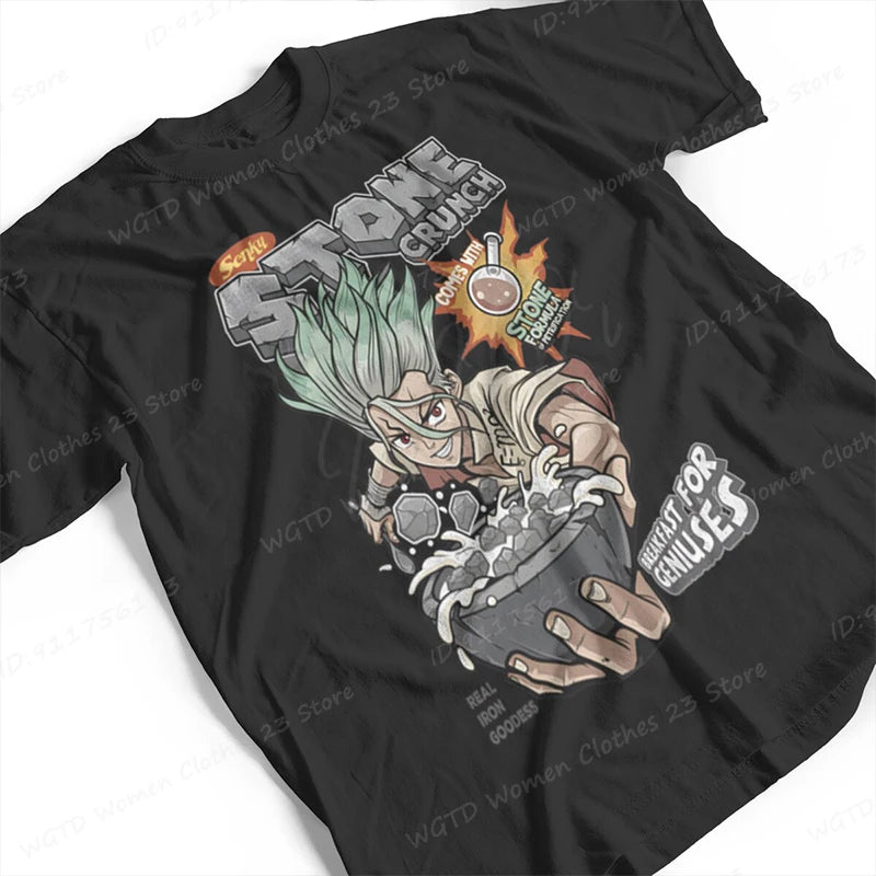 Anime Dr Stone Print T-shirts For Women/Men Summer Round Neck Solid Color Tee Shirts Fashion Casual Popular Oversized Tee Shirts