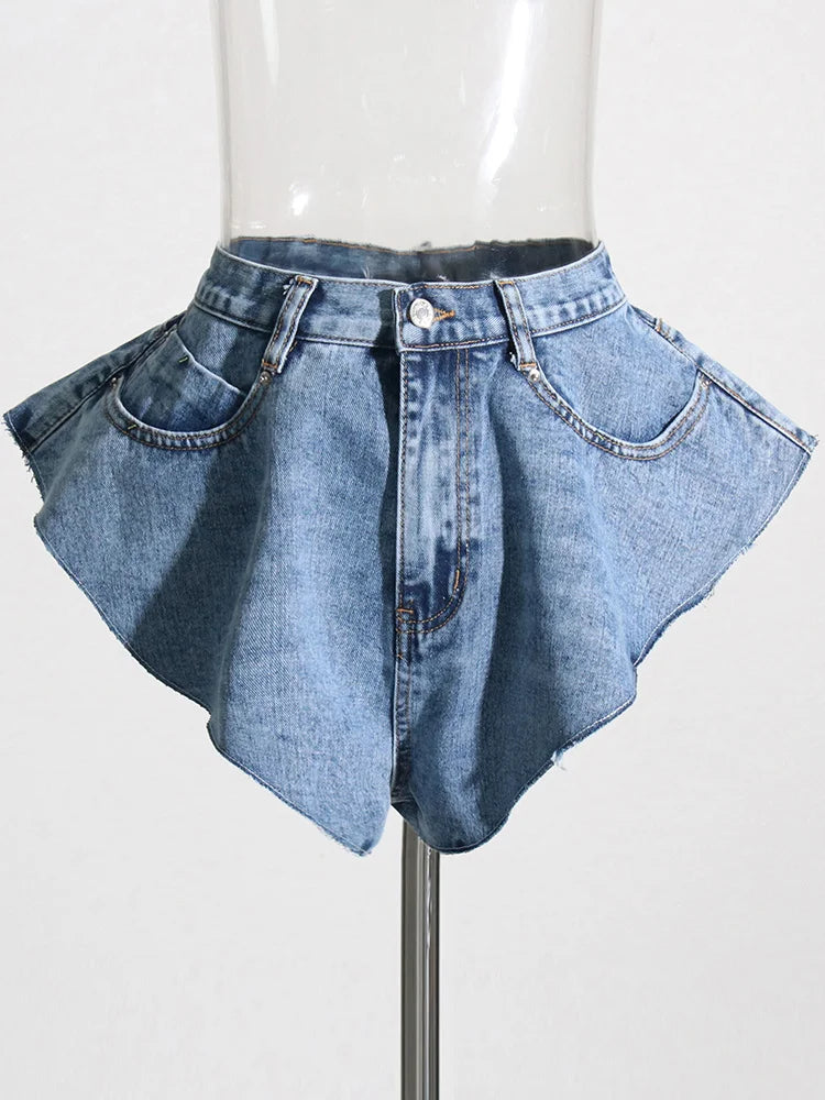 Patchwork Pockets Solid Casual Denim Shorts For Women High Waist Spliced Button Minimalist Loose Short Pants Female Style