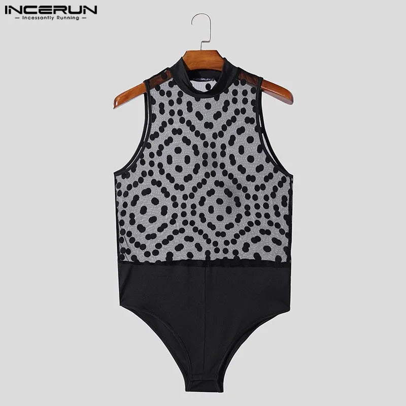 INCERUN Fashion New Men Homewear Polka Dot Mesh See Through Bodysuit Sexy Semi High Neck Sleeveless Triangle Thin Jumpsuit S-3XL