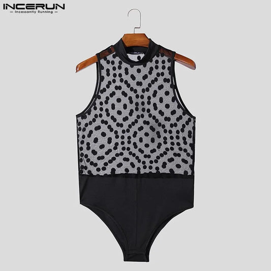 INCERUN Fashion New Men Homewear Polka Dot Mesh See Through Bodysuit Sexy Semi High Neck Sleeveless Triangle Thin Jumpsuit S-3XL